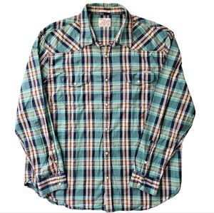 Lucky Brand Shirt Mens 2X Green Orange Madras Plaid Spring Western Utility Rodeo